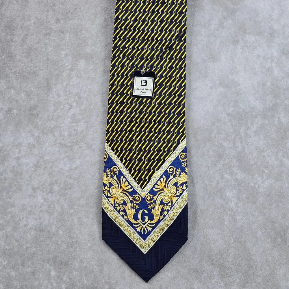 Laurant Benon Paris‎ Gold Blue Royal Silk Floral Executive Neck Tie Men's